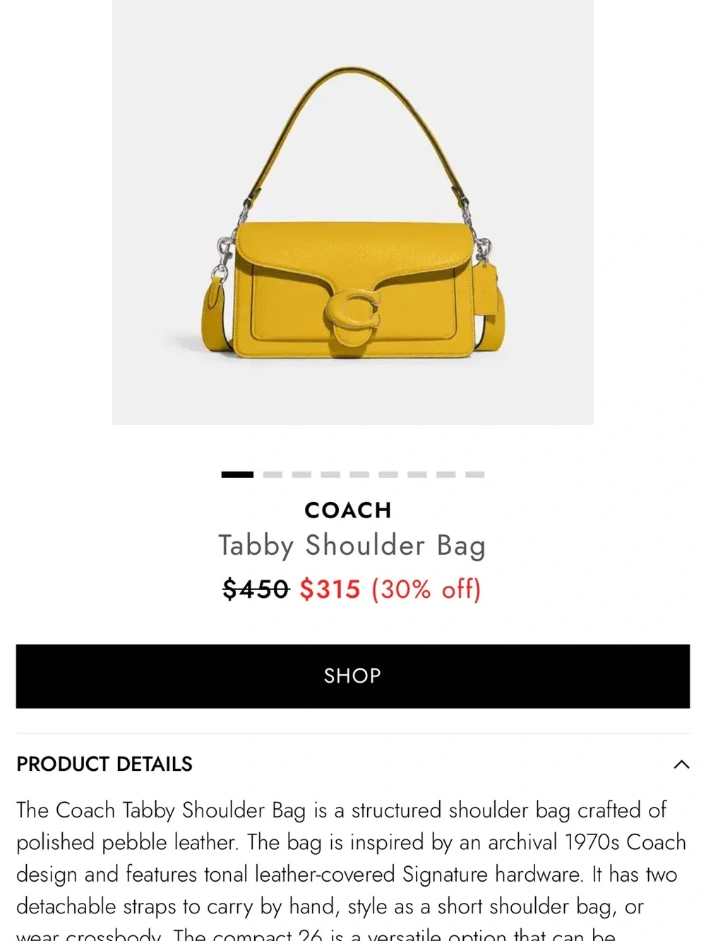 Coach Yellow Pebbled Leather Shoulder Bag with Detachable Strap